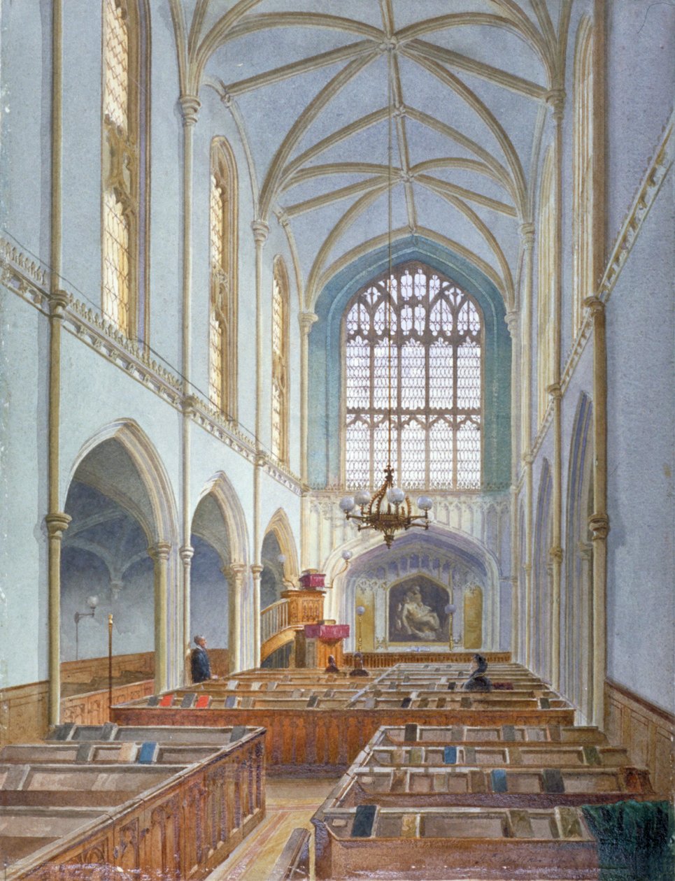 Interiörvy av en fransk protestantisk kyrka på St Martin