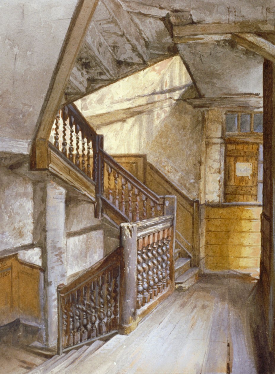 Interiörvy av en trappa i ett hus i White Lion Court, Westminster, London, 1880 av John Crowther