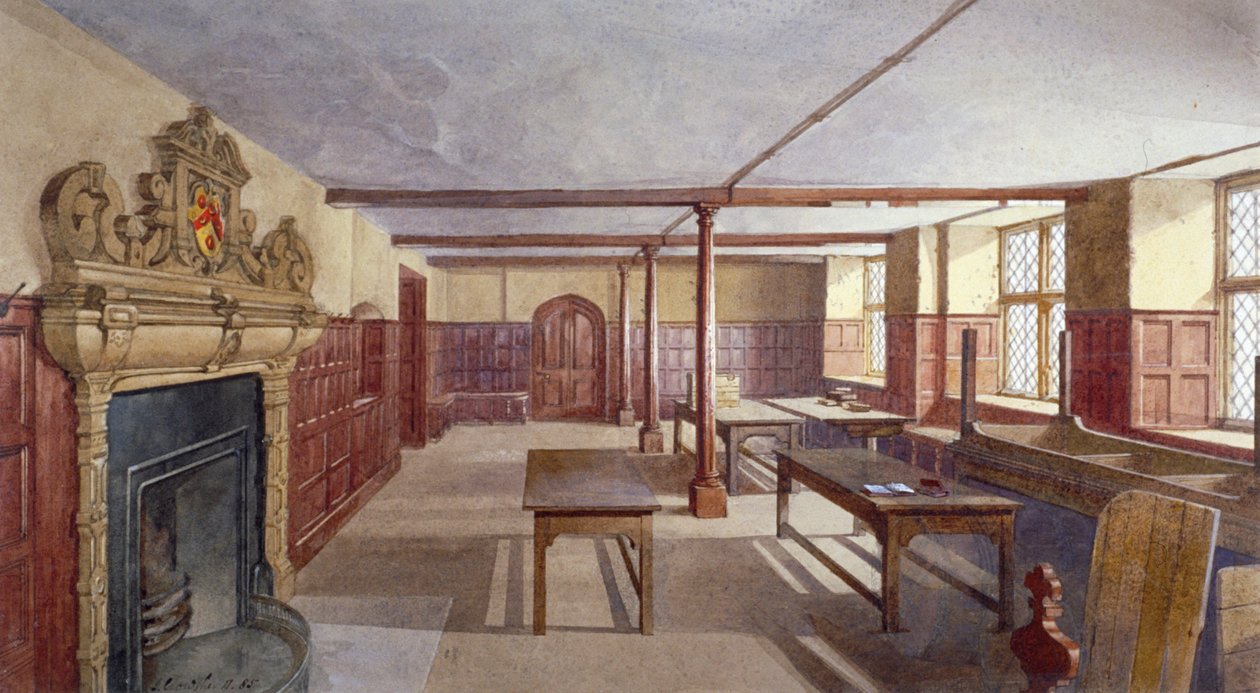 Interiörvy av pojkarnas matsal i Charterhouse, London, 1885. av John Crowther