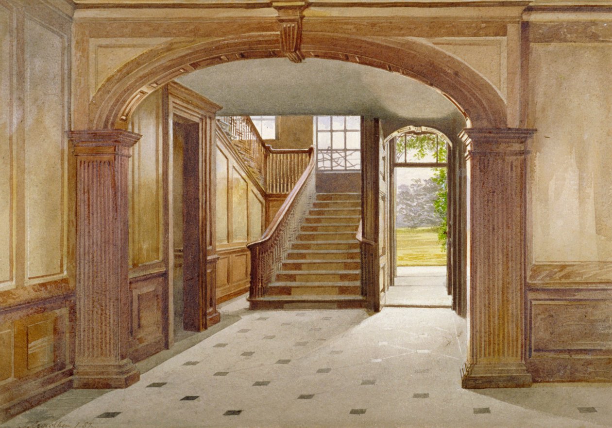 Interiörvy som visar trappan på Fairfax House, High Street, Putney, London, 1887 av John Crowther