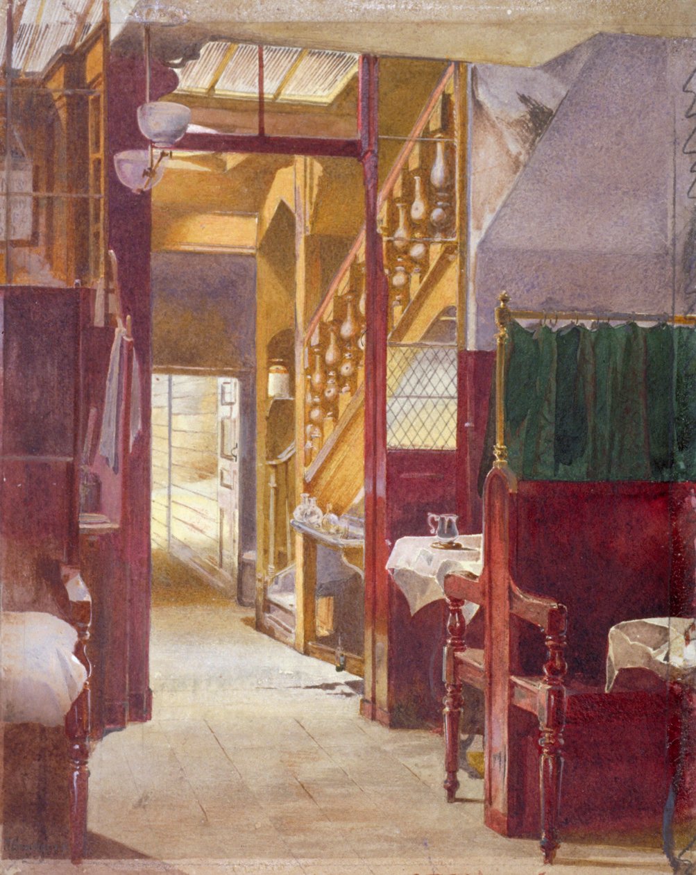 Interiörvy som visar trappan på Cock Tavern, Fleet Street, City of London, 1881 av John Crowther