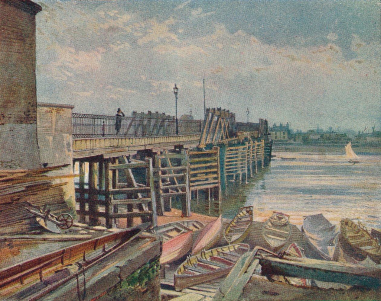 Old Battersea Bridge, från North Bank, med utsikt över Themsen, London, 1885 1926 av John Crowther