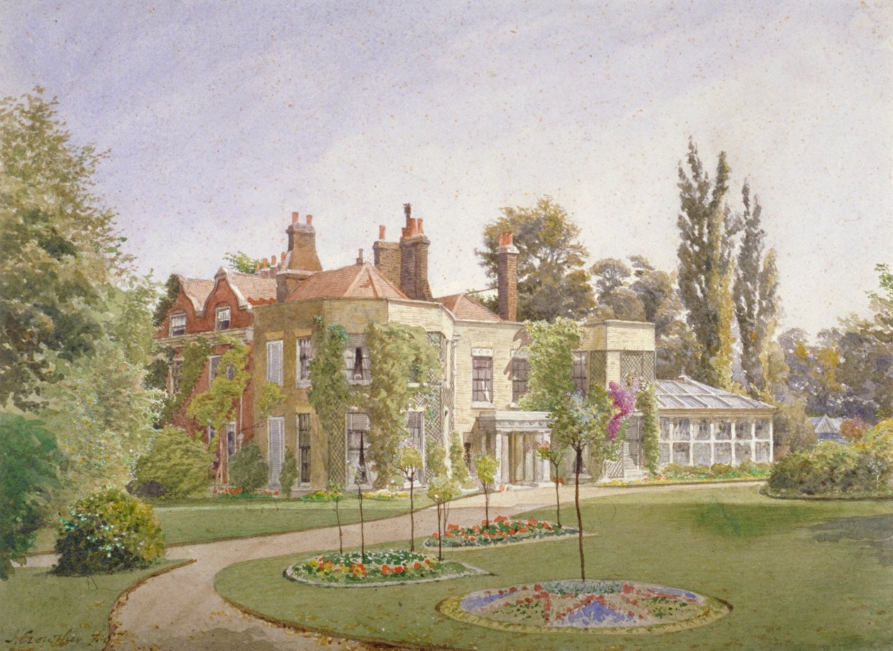 Främre ingången och trädgården vid Raleigh House, Brixton Hill, Lambeth, London, 1887 av John Crowther