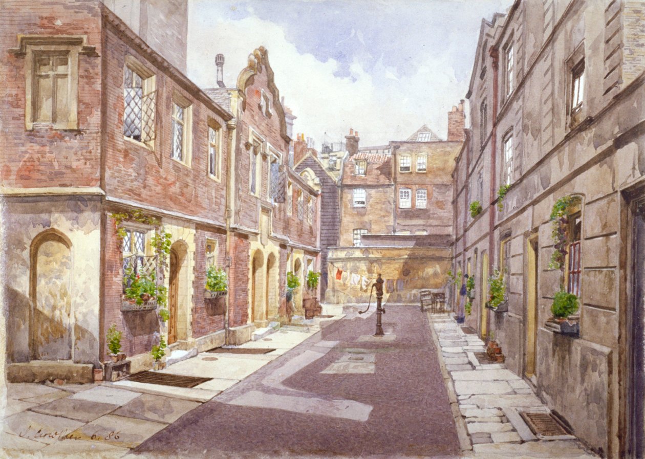 Utsikt över allmosor i Cock Court, Jewry Street, City of London, 1886. av John Crowther