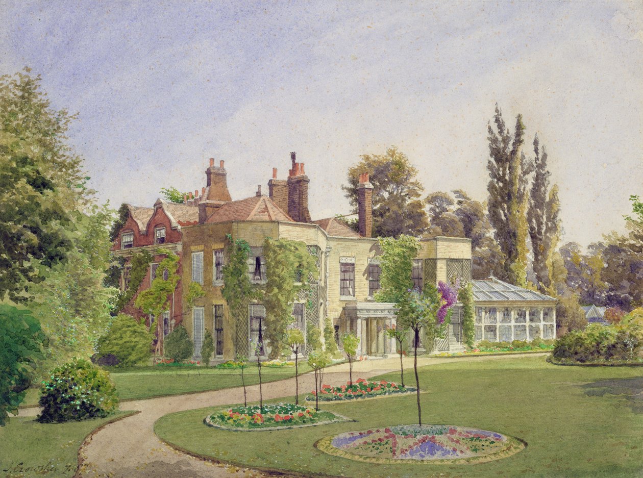 Utsikt över ingången och trädgården vid Raleigh House, Brixton Hill, Lambeth, 1887 av John Crowther