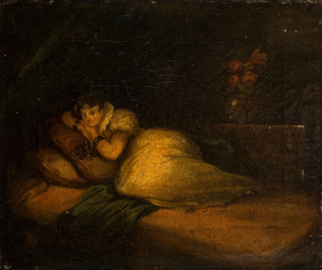 Interiör med kvinna på en säng, 1780. av John Daniel Bond