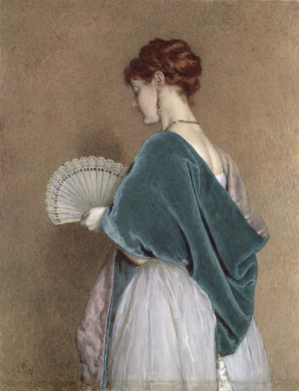 Kvinna med fläkt, 1871 (penna och wc på papper) av John Dawson Watson