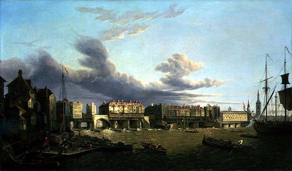 Utsikt över Old London Bridge som den var 1747 (olja på duk) av John Dean Paul