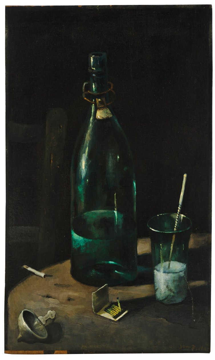 Stilleben med flaska och glas (olja på duk) av John Decker