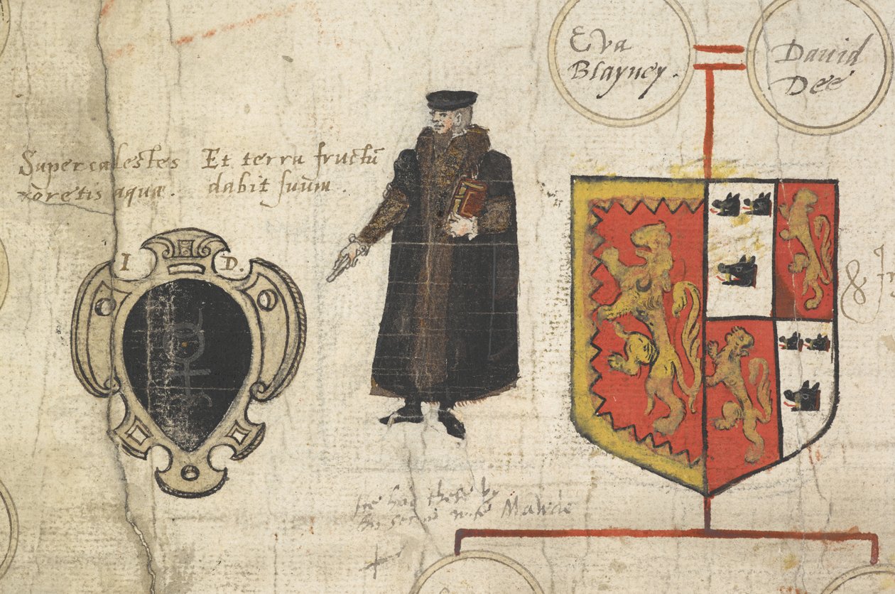 En detalj från Genealogical roll av John Dees härkomst … som visar hans släktskap med Suvereigns of the House of Tudor av John Dee