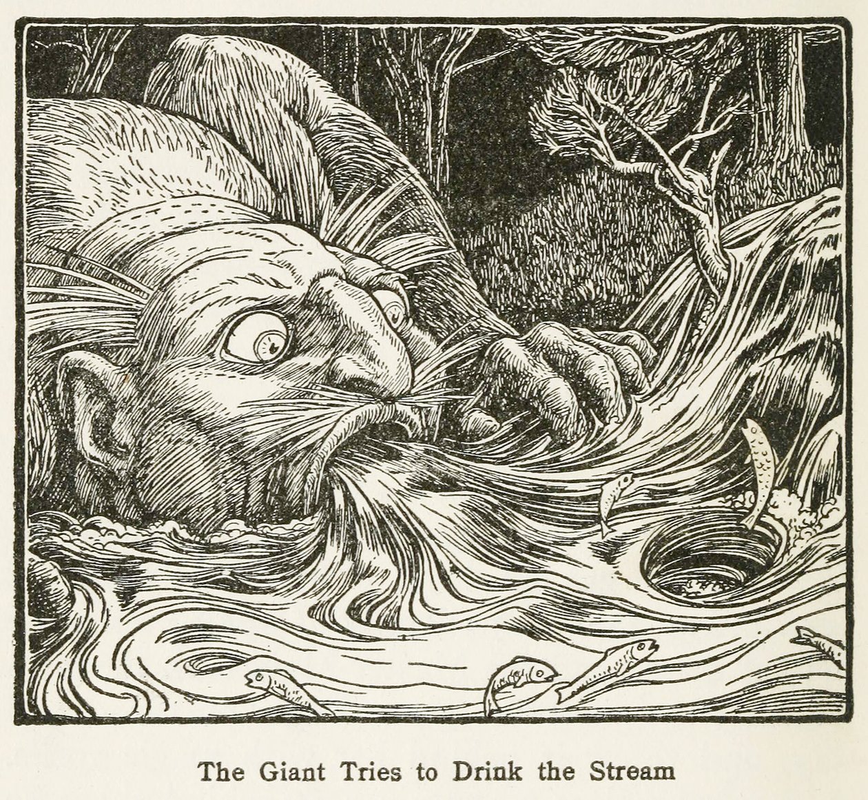 Jätten försöker dricka strömmen, från Europas Fairy Book, pub. 1916 (gravyr) av John Dickson Batten