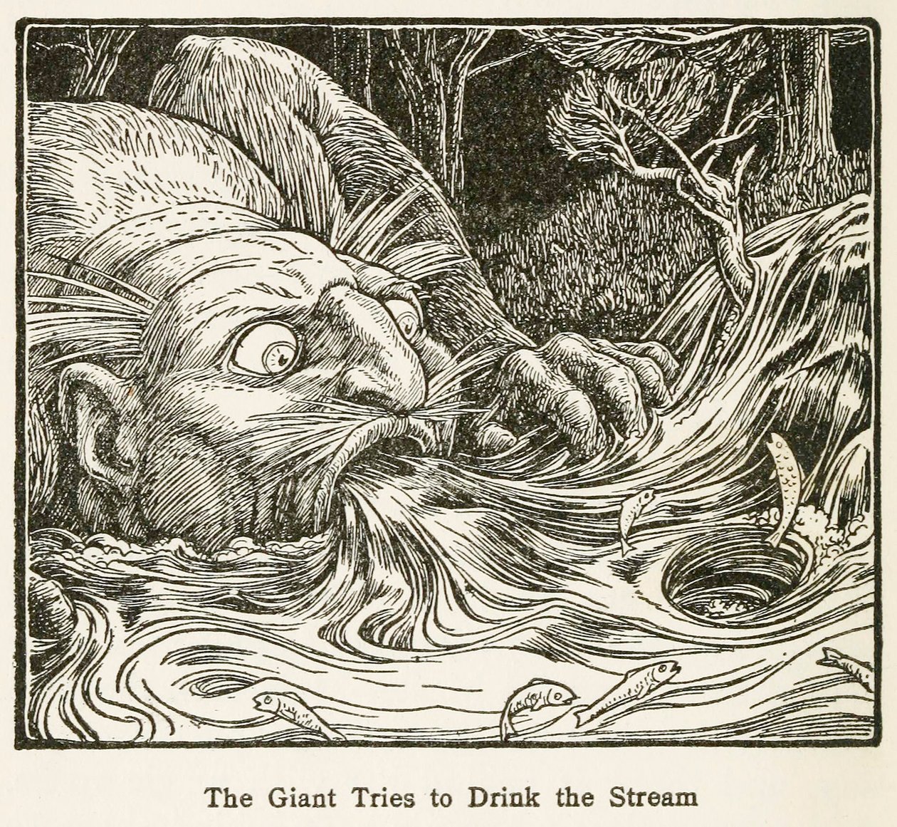 Jätten försöker dricka strömmen, från Europas Fairy Book, pub. 1916. av John Dickson Batten