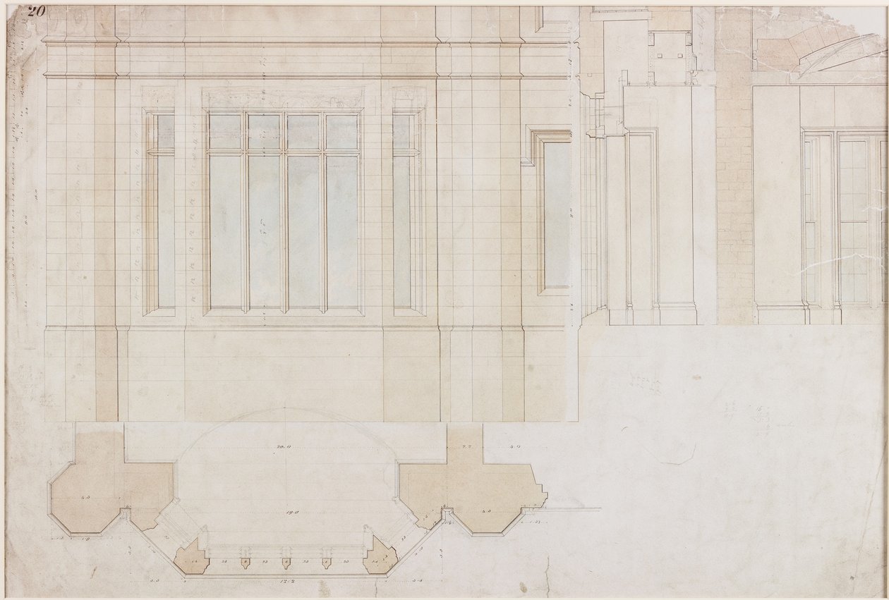 Design för fönstret i Holme Eden (penna och bläck samt tvätt (blått och brunt) på papper (på papper)) av John Dobson