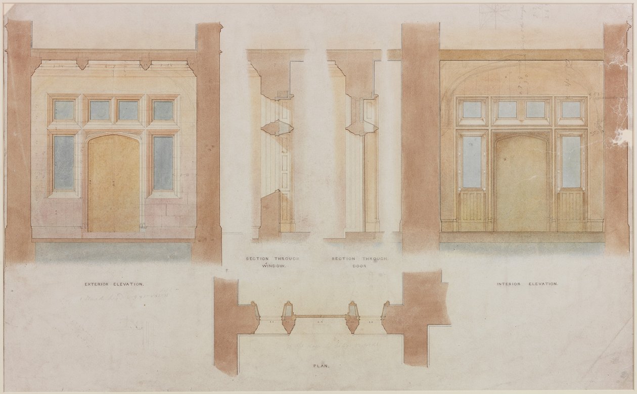 Höjd, sektion och plan över huvudentrén till Holme Eden (bläck och akvarell på papper (på papper)) av John Dobson