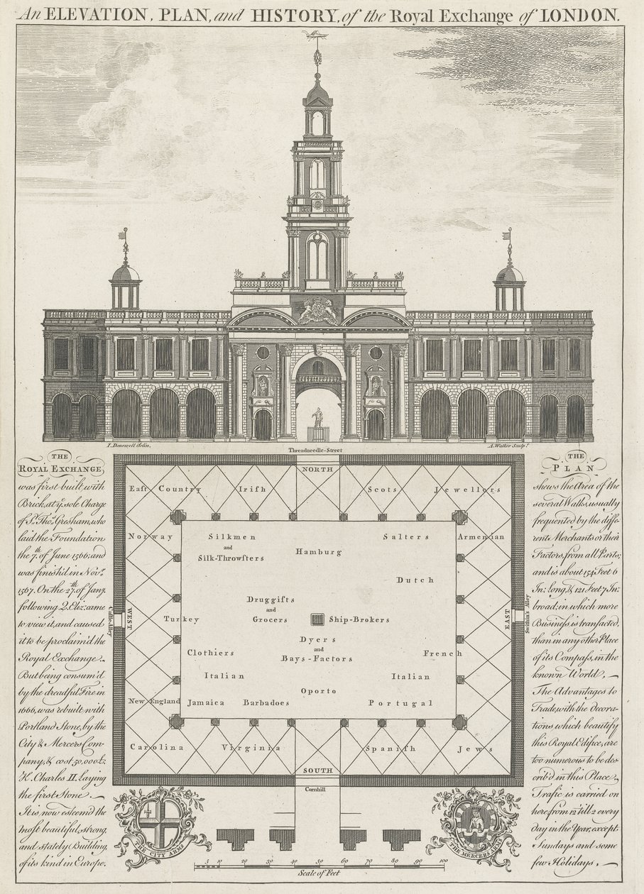 En höjd, plan och historia av Royal Exchange of London av John Donowell