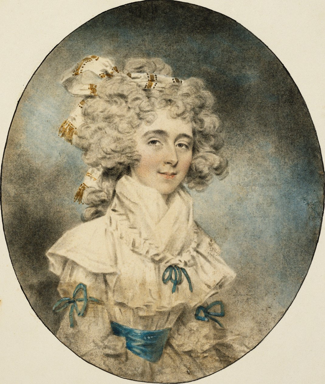 Porträtt av Mrs. Fisher, halvlängd, i en vit klänning prydd med blå band, 1788 av John Dowman