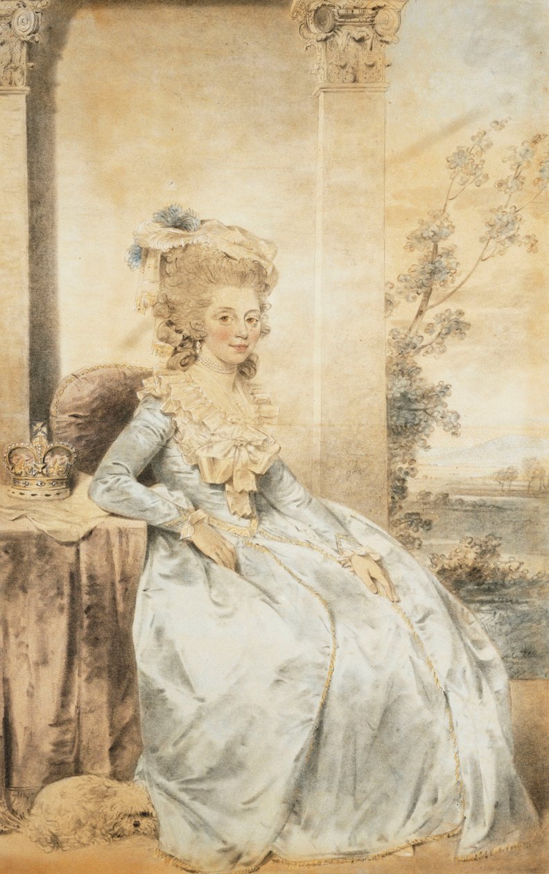 Porträtt av drottning Charlotte, sittande vid ett bord med ett landskap bortom, 1784 av John Dowman