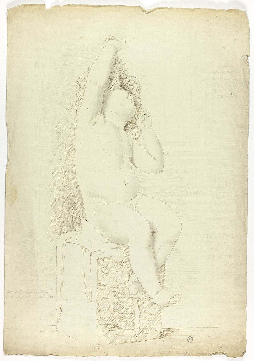 Forntida staty av sittande Putto som leker med masken av John Downman