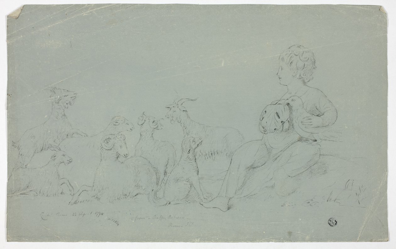 Antik basrelief med sittande pojke som håller falk och åtföljd av hund, får och getter av John Downman