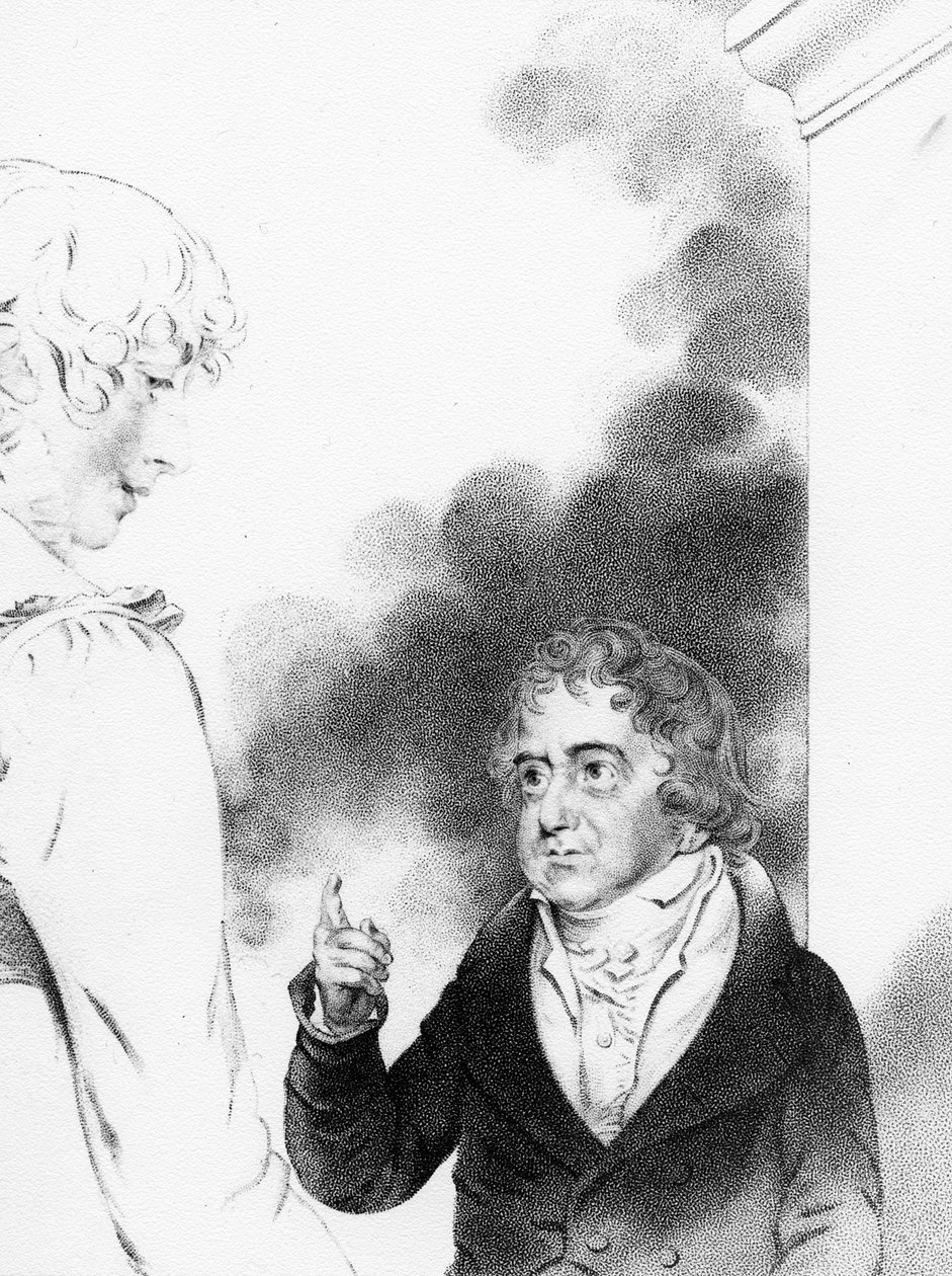 Greve Jozef Boruwlaski med konstnärens dotter, Isabella Chloe Downman, graverad av William Thomas Fry, 1821 av John Downman