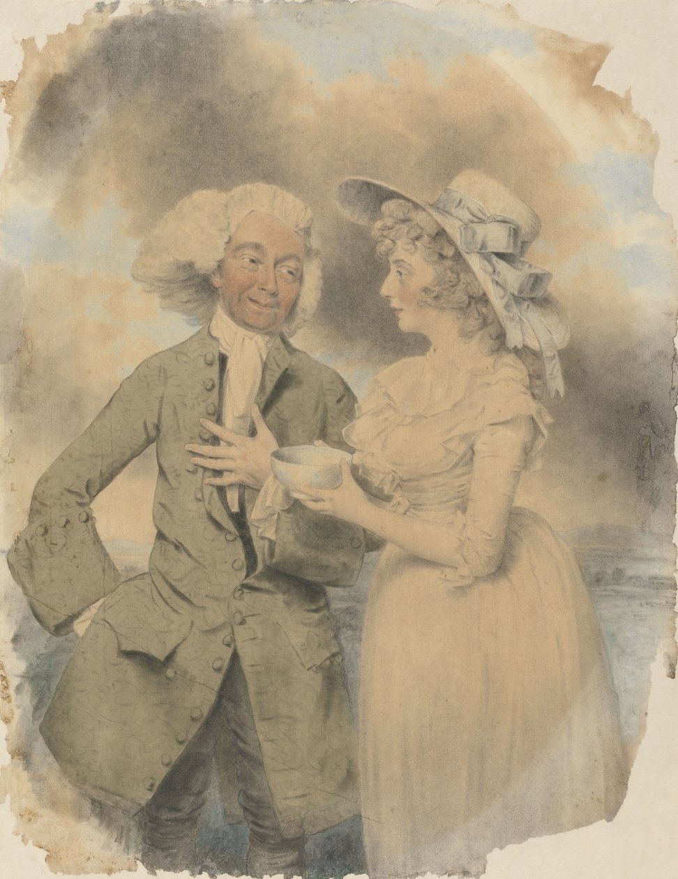 John Edwin och Mrs Wells som Lingo och Cowslip i Agreeable Surprise, 1787 (wc och kroppsfärg och svart krita på lagt papper) av John Downman