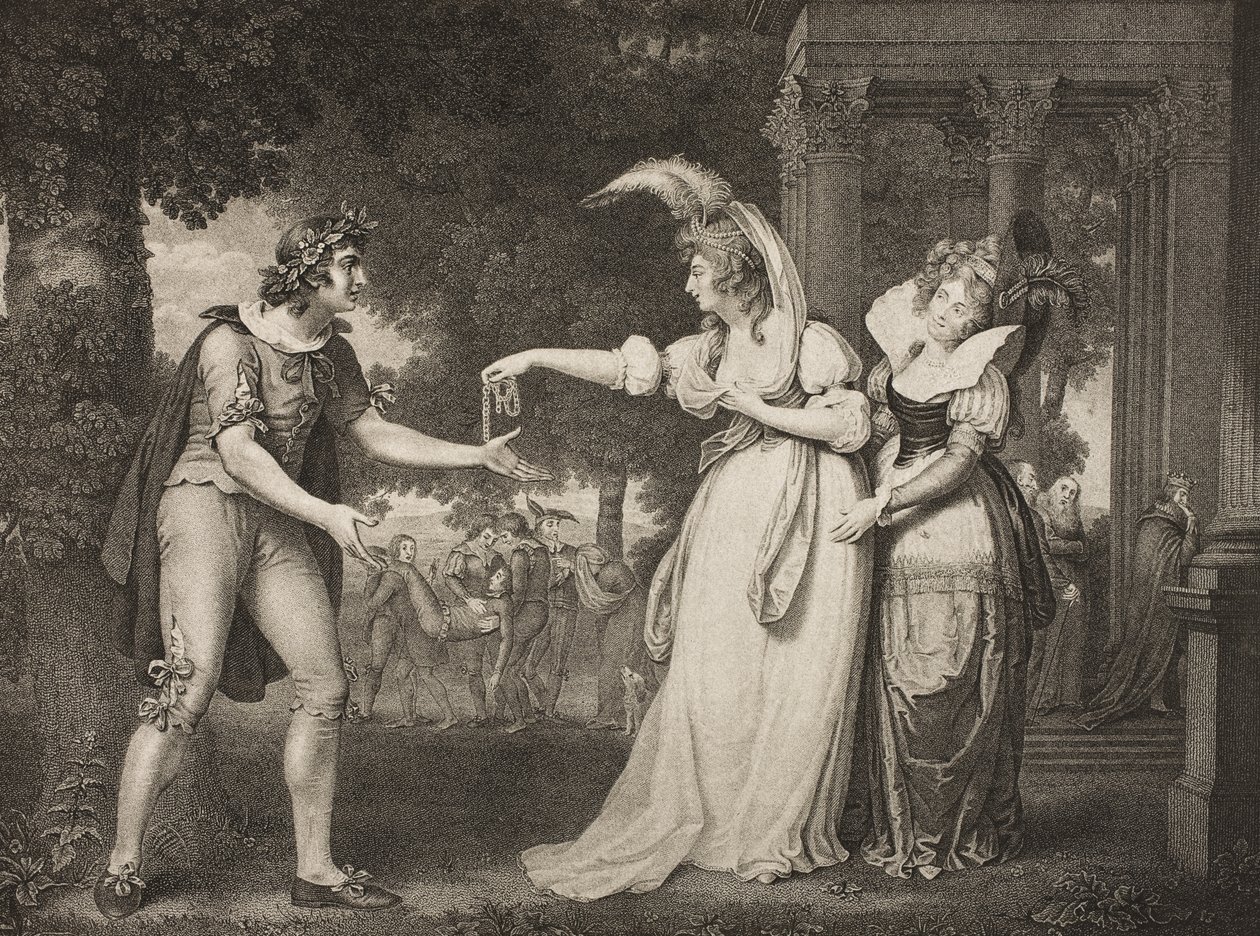 Gräsmatta framför hertigens palats, akt I, scen II, från "As You Like It", från The Boydell Shakespeare Gallery, publicerad i slutet av 1800-talet av John Downman