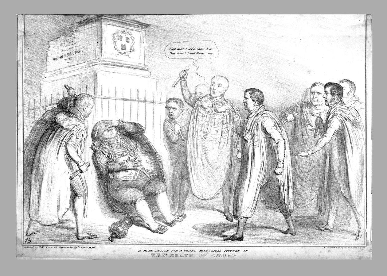 En oförskämd design för en storslagen historisk bild av Caesars död, 1836. av John Doyle