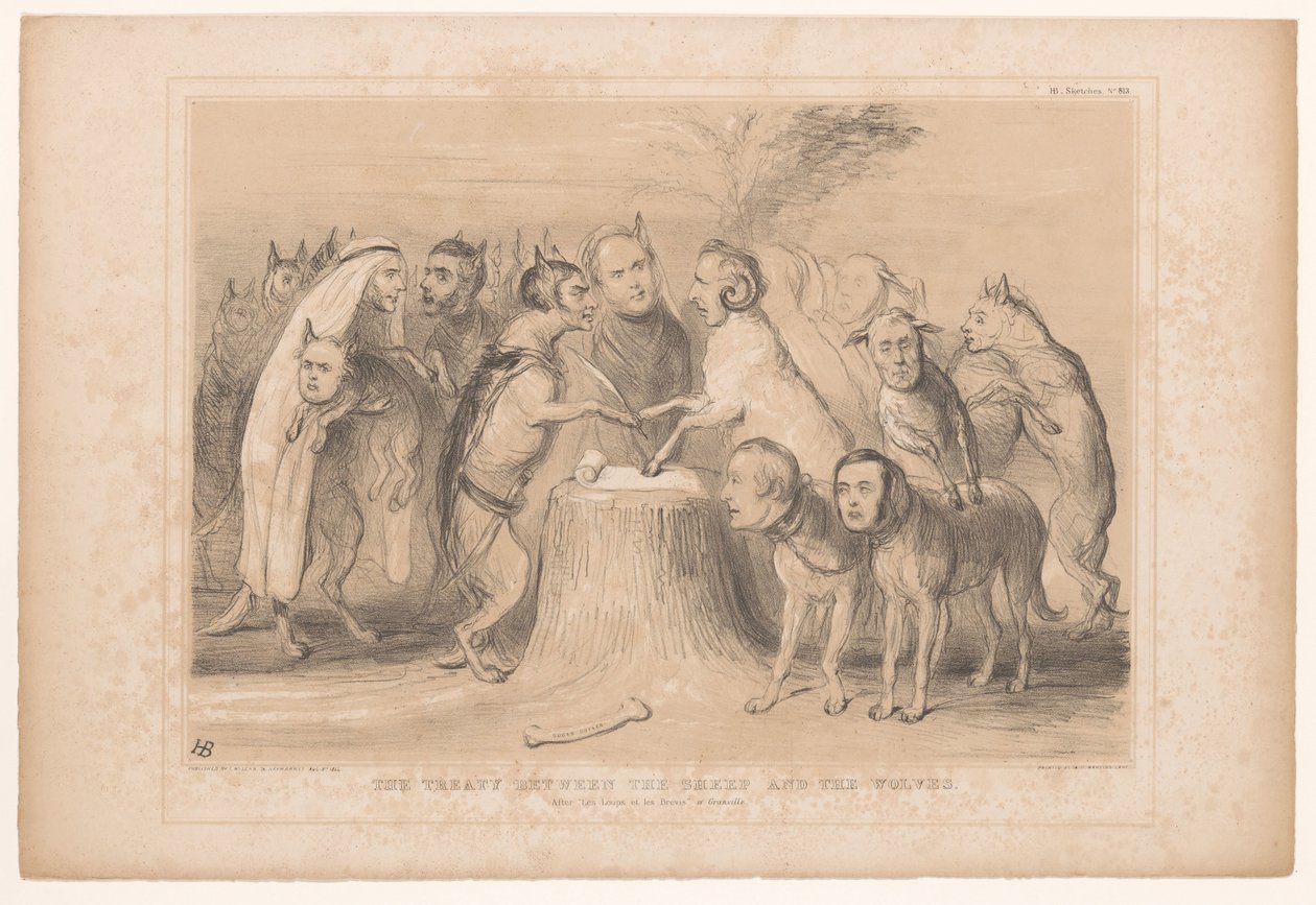 Pakt mellan de wolven och de schapen Fördraget mellan fåren och vargarna. Efter Les Loups et les Brevis av Granville (titel på objekt) HB Sketches (serietitel på objekt) av John Doyle