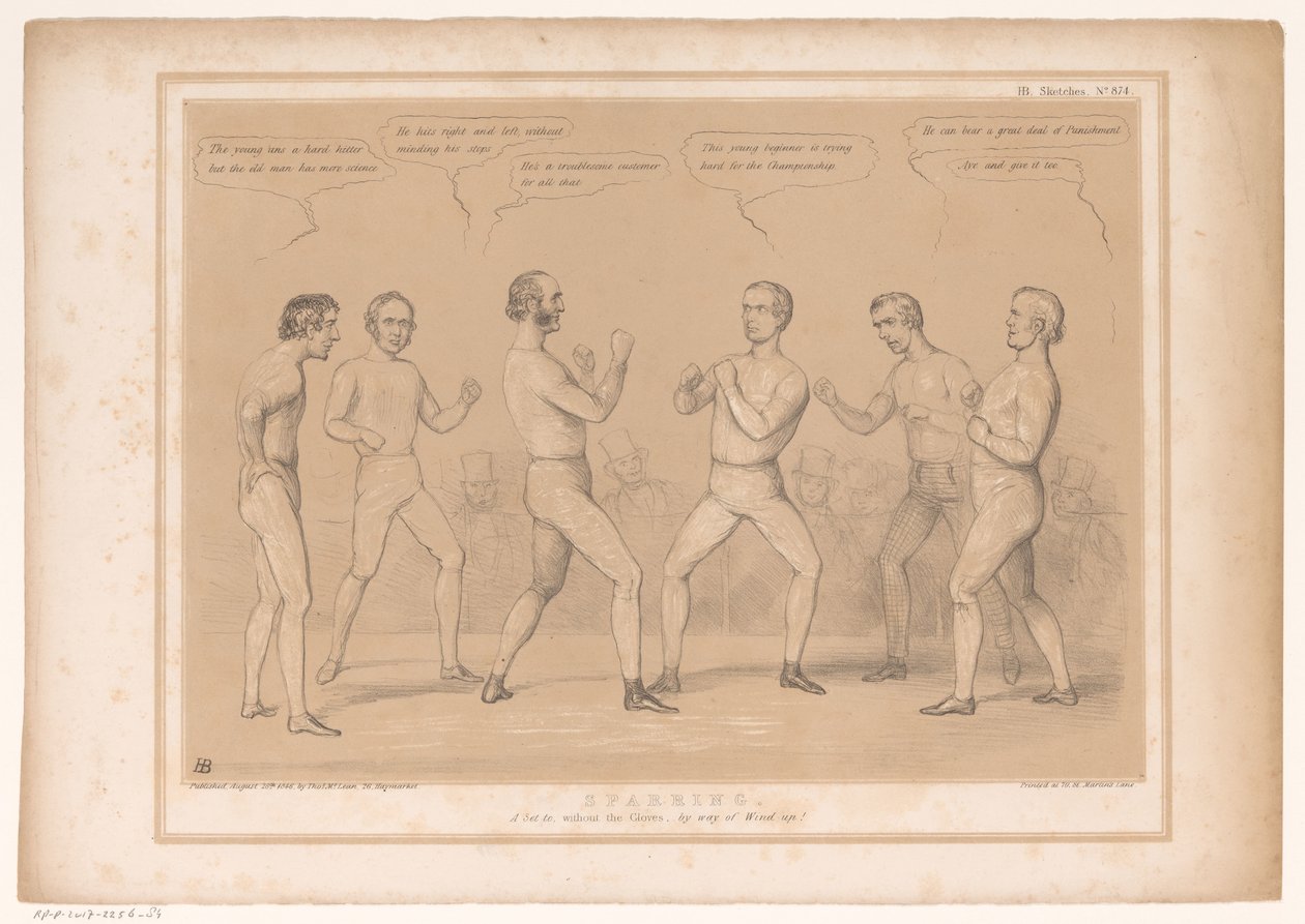 Spotprent träffade Lord Bentinck och Lord Lyndhurst i en bokswedstrijd Sparring. Ett set till, utan handskarna, förresten Wind-up! (titel på objekt) HB Sketches (serietitel på objekt) av John Doyle