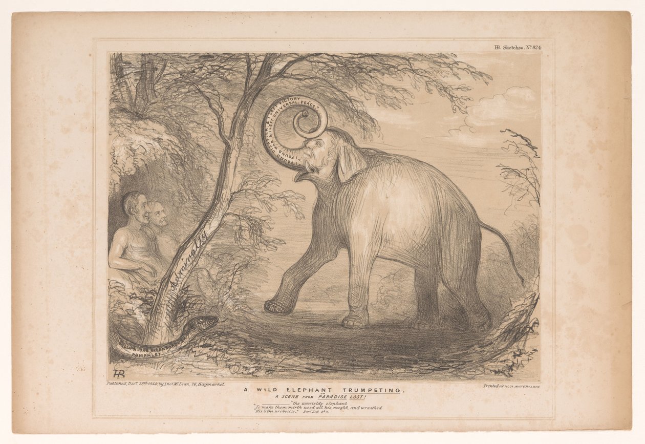 Spotprent träffade Lord Ellenborough som en vild olifant En vild elefant som trumpetar. En scen från Paradise Lost! (titel på objekt) HB Sketches (serietitel på objekt) av John Doyle