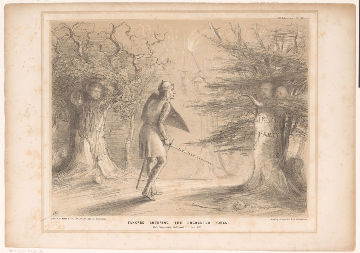 Spotprent träffade Lord Russell als Tancredi Tancred in i den förtrollade skogen. Se Jerusalem levererat. Canto XIII (titel på objekt) HB Sketches (serietitel på objekt) av John Doyle
