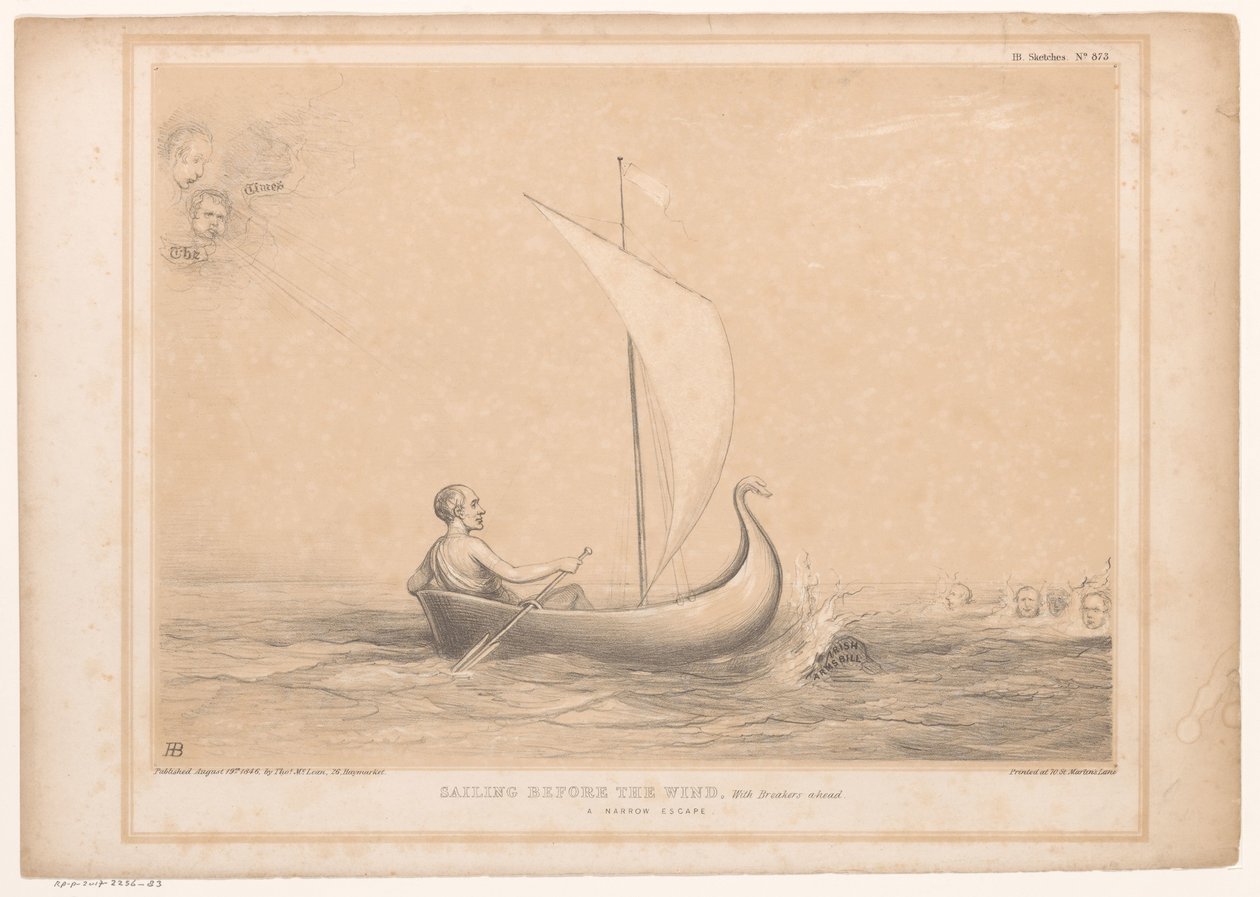 Spotprent träffade Lord Russell i en känga Segling för vinden, Med Breakers framåt. En smal flykt (titel på objekt) HB Sketches (serietitel på objekt) av John Doyle