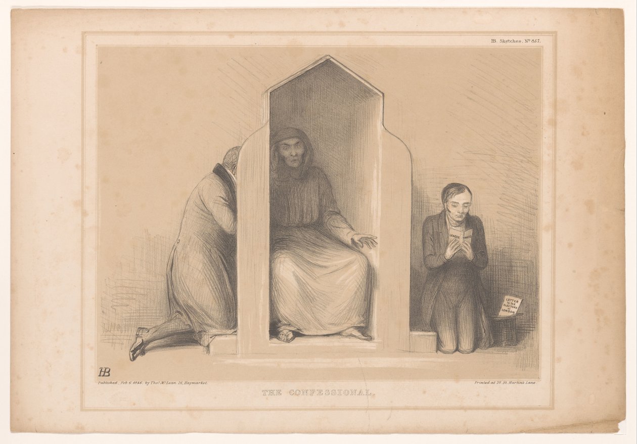 Spotprent träffade Roebuck als biechtvader Biktstolen (titel på föremål) HB Sketches (serietitel på objekt) av John Doyle