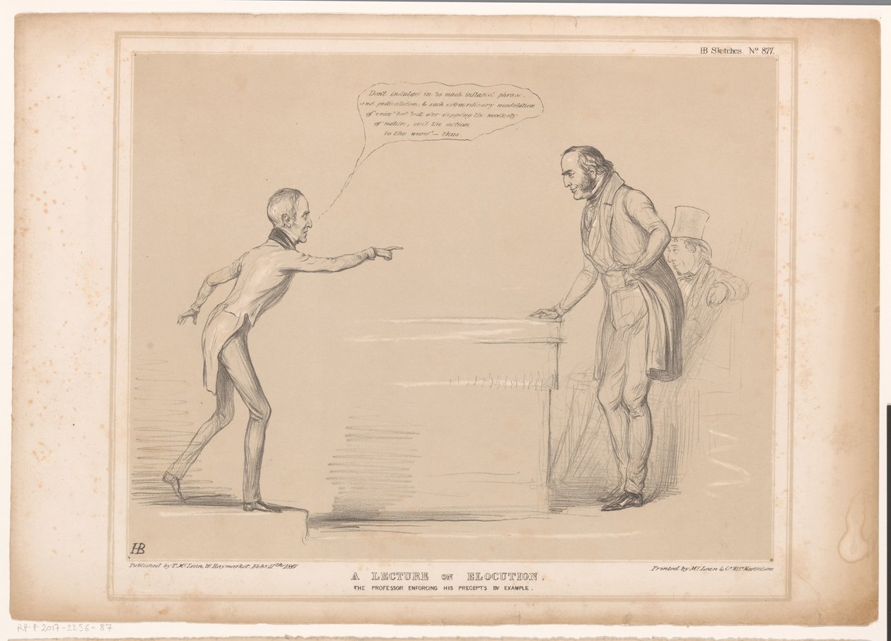 Spotprent träffade Roebuck en Lord Bentinck En föreläsning om elokution. Professorn som upprätthåller sina föreskrifter genom exempel (titel på objekt) HB Sketches (serietitel på objekt) av John Doyle