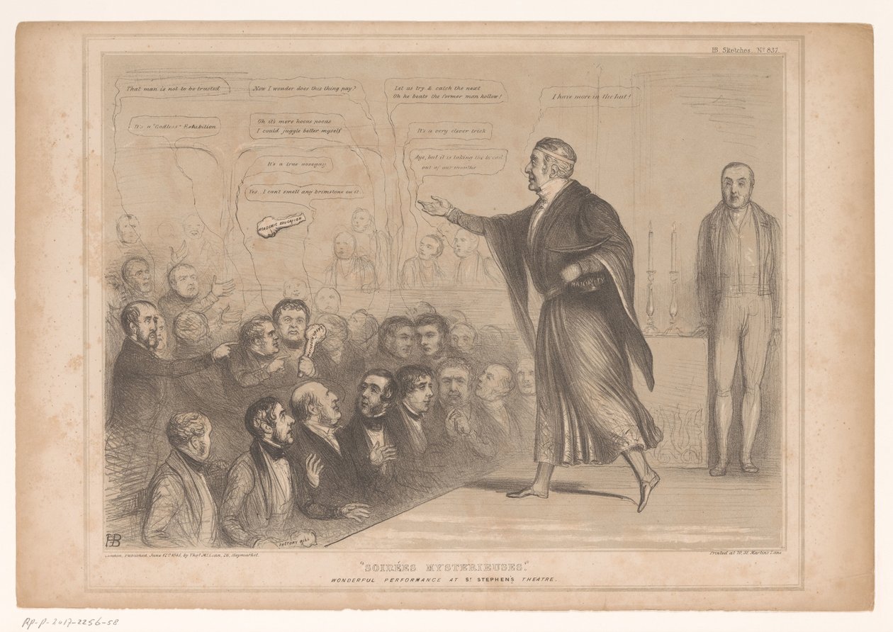 Spotprent träffade Sir Robert Peel som goochelaar Soirées mysterieuses. Underbar föreställning på St. Stephens teater (titel på objekt) HB Sketches (serietitel på objekt) av John Doyle