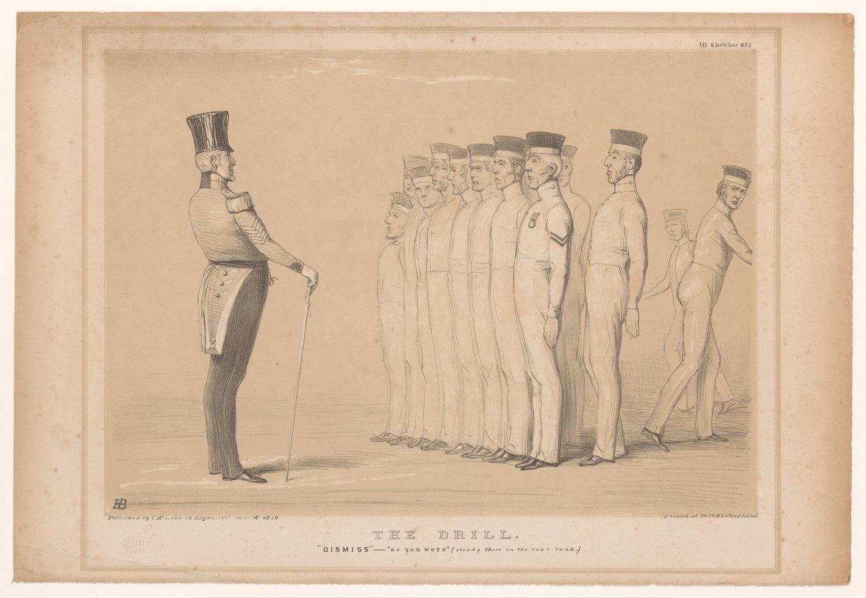 Spotprent träffade premier Peel als militaire instructeur Borren. Avvisa - som du var (stadig där i den bakre rangen.) (titel på objekt) HB Sketches (serietitel på objekt) av John Doyle