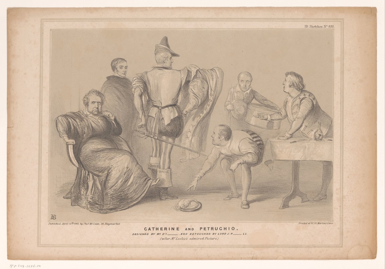Spotprent träffade premier Robert Peel och Joseph Hume Catherine och Petruchio. Designad av Mr D