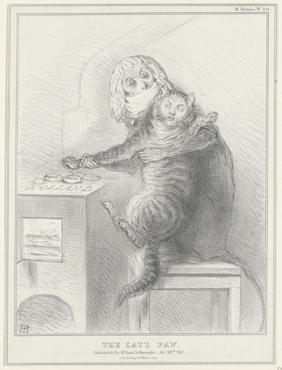 Spotprent op Talleyrand en Palmerston, 1832 Kattens tass (titel på objekt) Politiska skisser (serietitel) av John Doyle