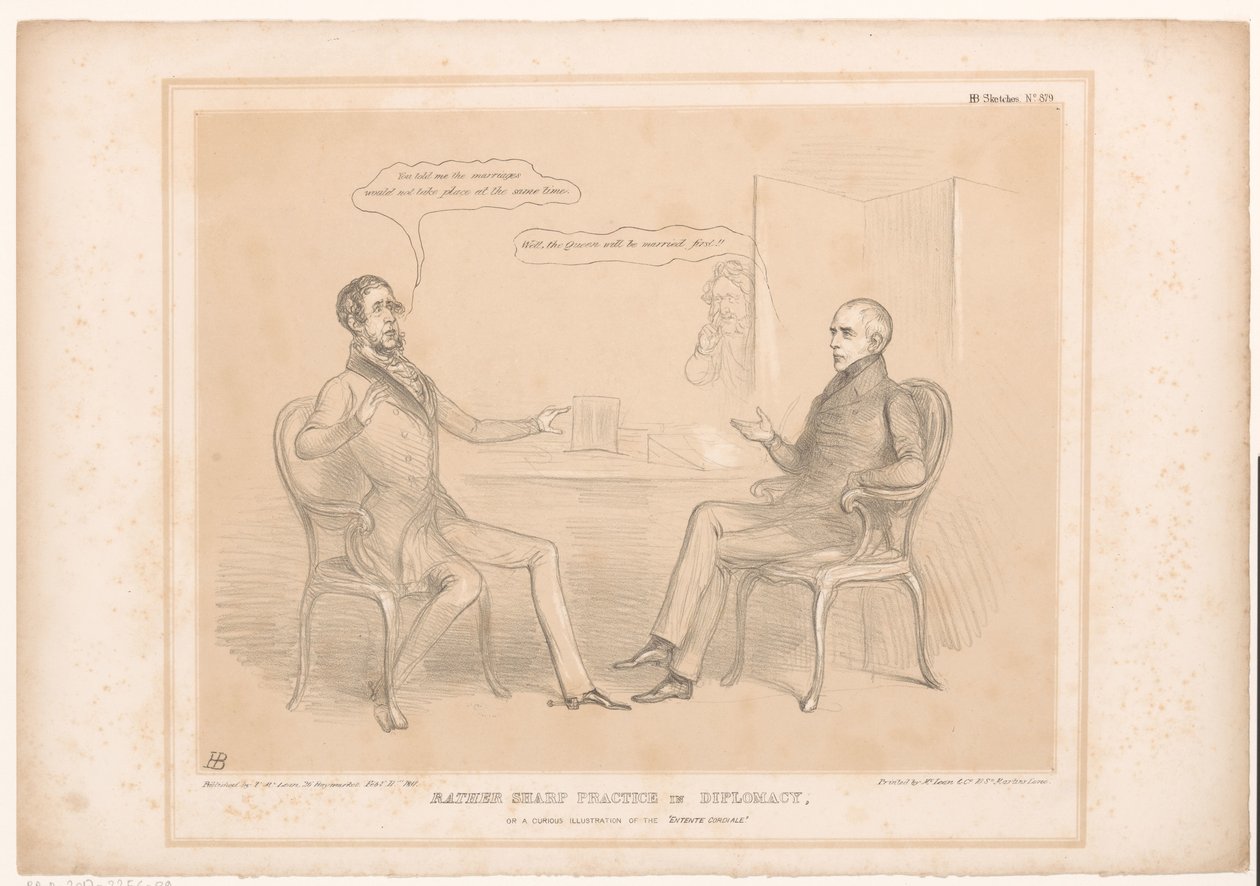 Spotprent op koninklijke huwelijken Ganska skarp övning i diplomati, eller en nyfiken illustration av Entente Cordiale (titel på objekt) HB Sketches (serietitel på objekt) av John Doyle