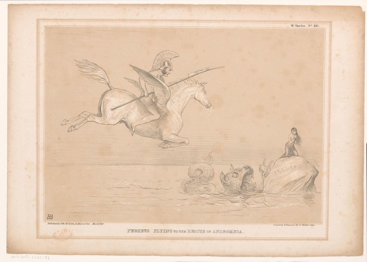 Spotprent över "Irish Railway Bill" Perseus flyger till Andromedas undsättning (titel på objektet) HB Sketches (serietitel på objekt) av John Doyle