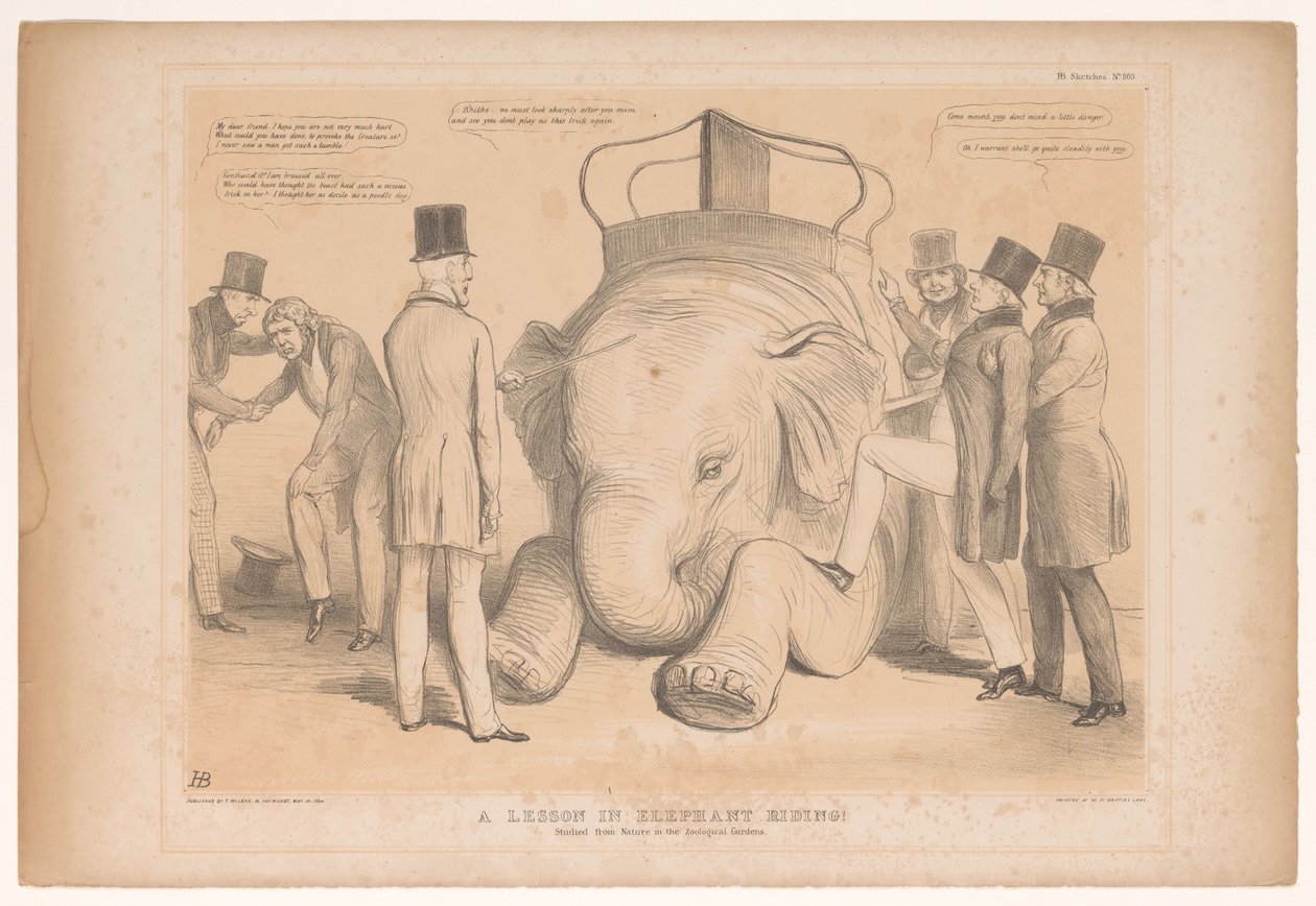 Spotprent över de aanstelling av Henry Hardinge som guvernör i Indien En lektion i elefantridning! Studerade från Nature in the Zoological Gardens (titel på objekt) HB Sketches (serietitel på objekt) av John Doyle