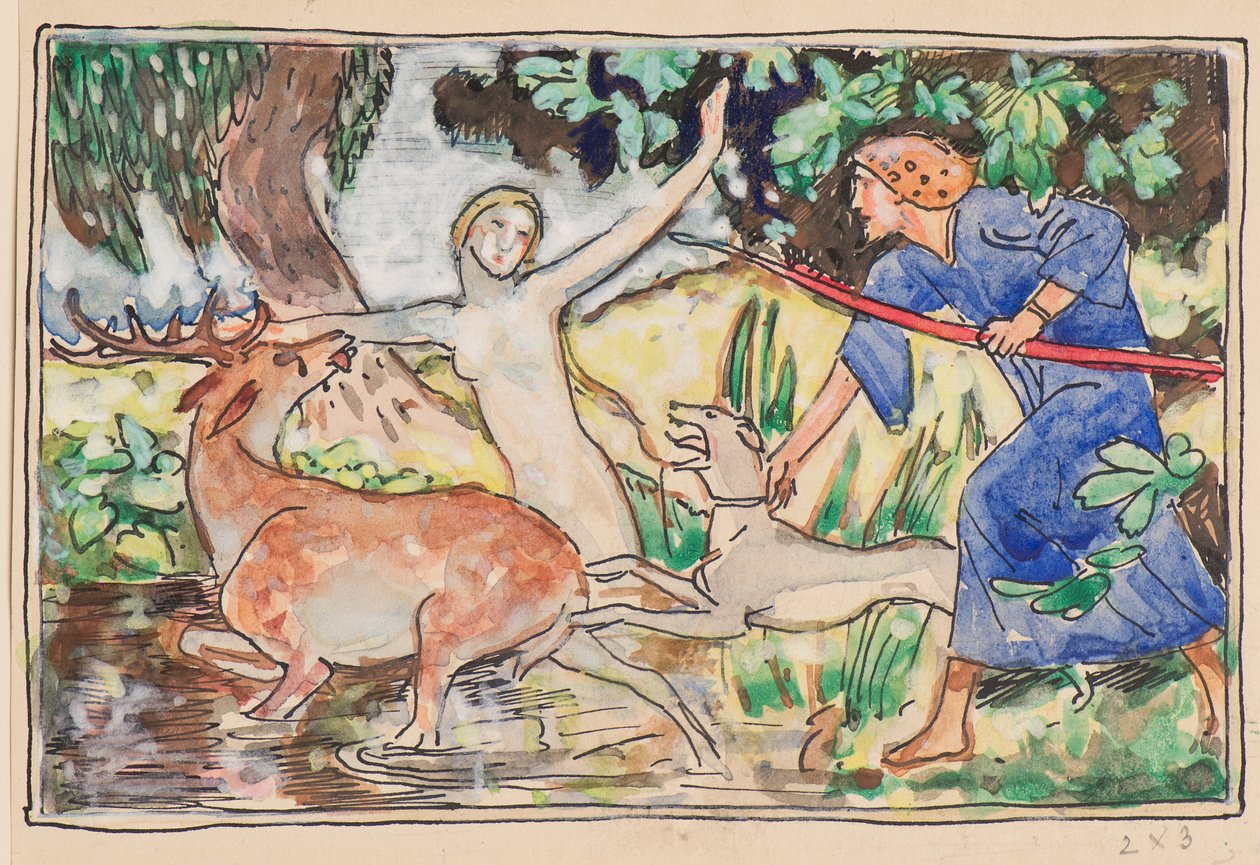 Diana och Actaeon (akvarell) av John Duncan