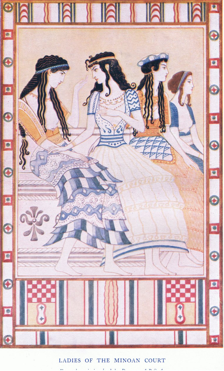 Ladies of the Minoan Court, illustration från Myths of Crete och Pre-Helenic Europe pub. av Gresham Publishing Company Limited 1920-talet (lito i färg) av John Duncan
