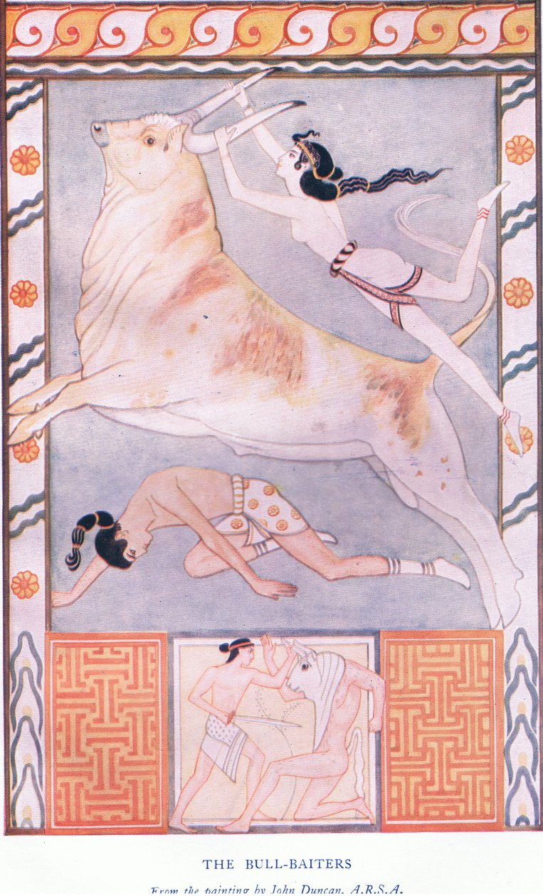 The Bull Baiters, illustration från Myths of Crete och puben Pre-Hellenic Europe. av Gresham Publishing Company Limited 1920-talet av John Duncan