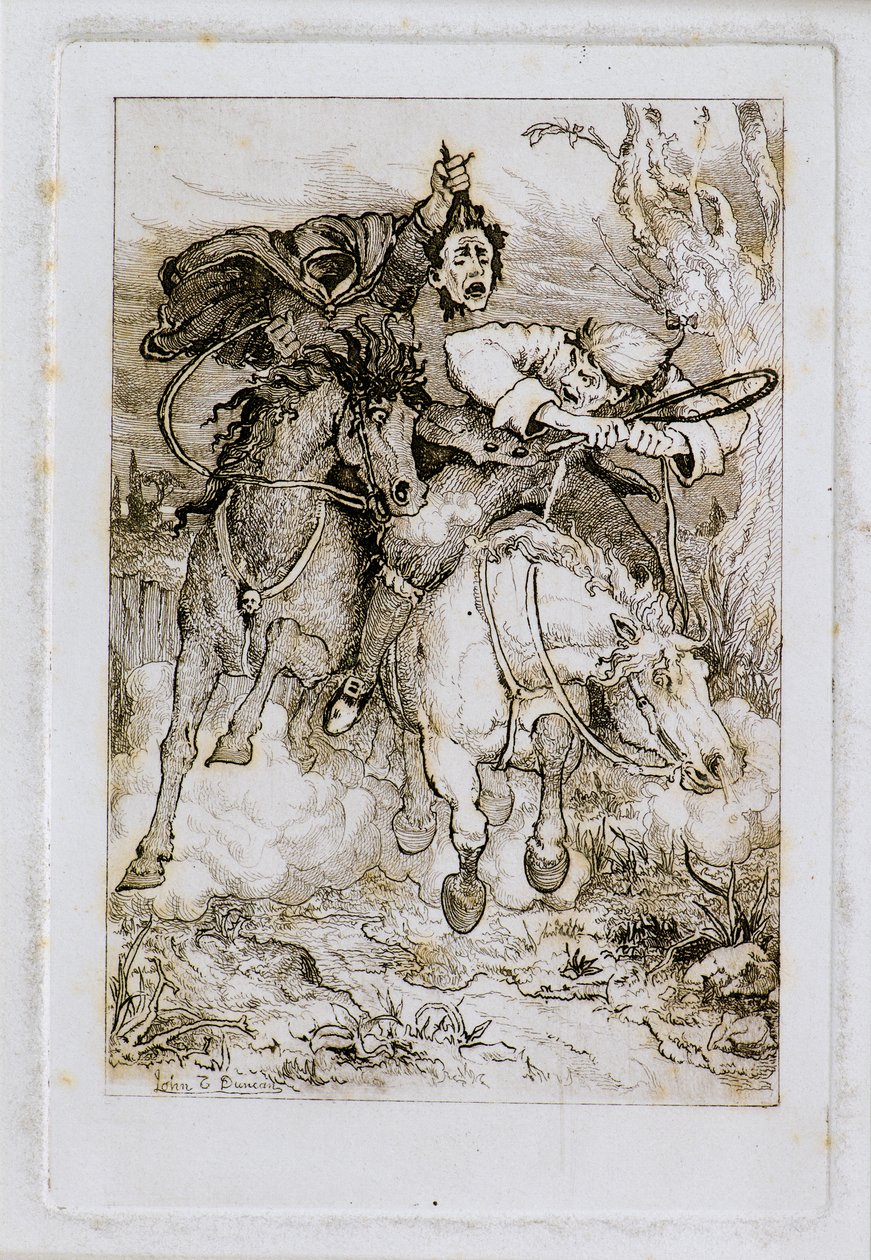 Två galopperande ryttare [en bär sitt eget huvud] (etsning) av John Duncan