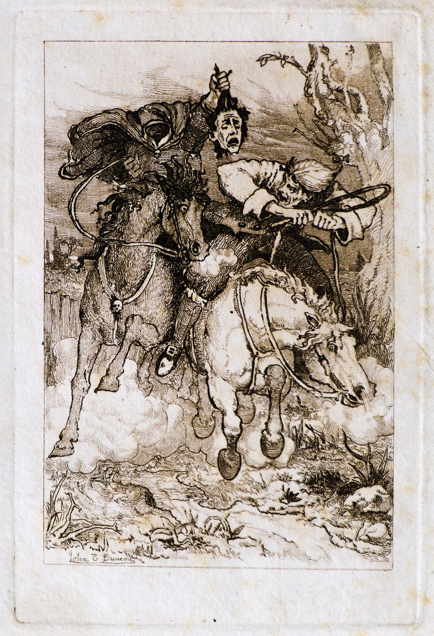 Två galopperande ryttare [en bär sitt eget huvud] (etsning) av John Duncan