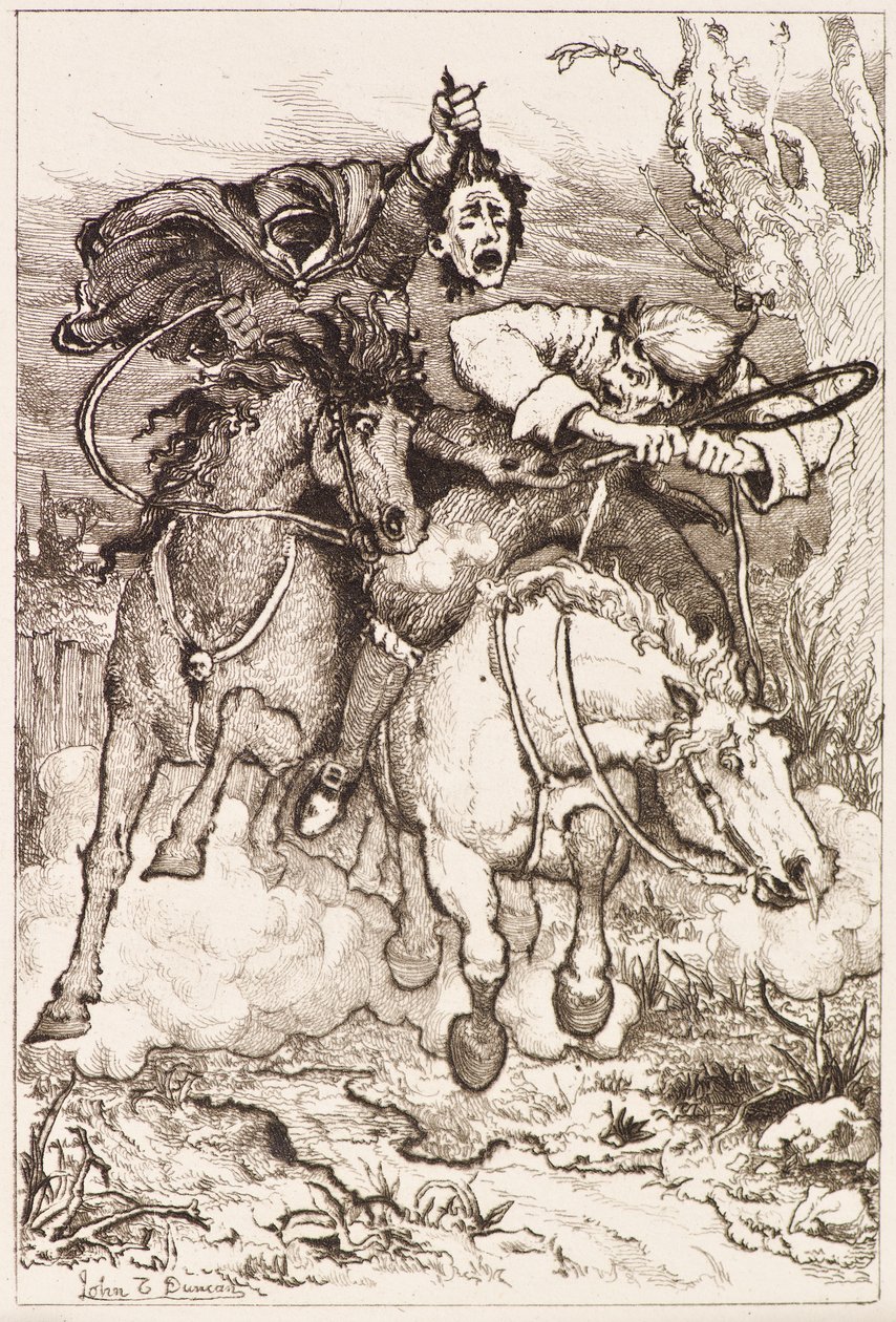 Två galopperande ryttare [en bär sitt eget huvud] (etsning) av John Duncan