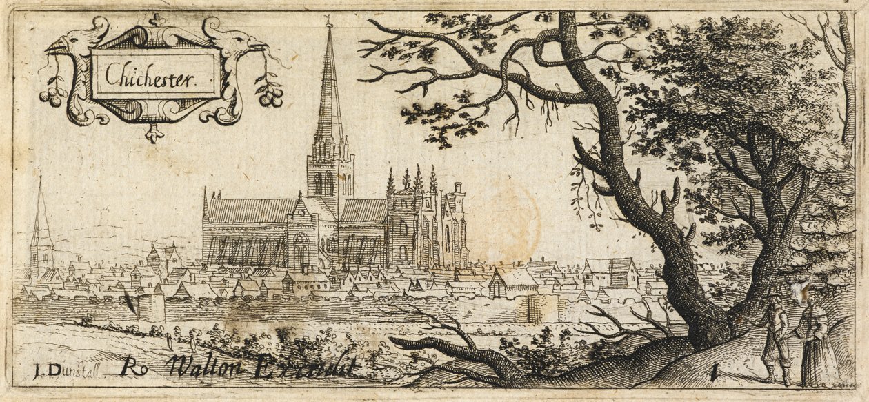 Två figurer som står vid ett stort träd på höger sida i förgrunden; staden Chichester i fjärran; stadsmuren som löper genom scenen; Chichester Cathedral i mitten av bilden, ca 1660 (etsning) av John Dunstall