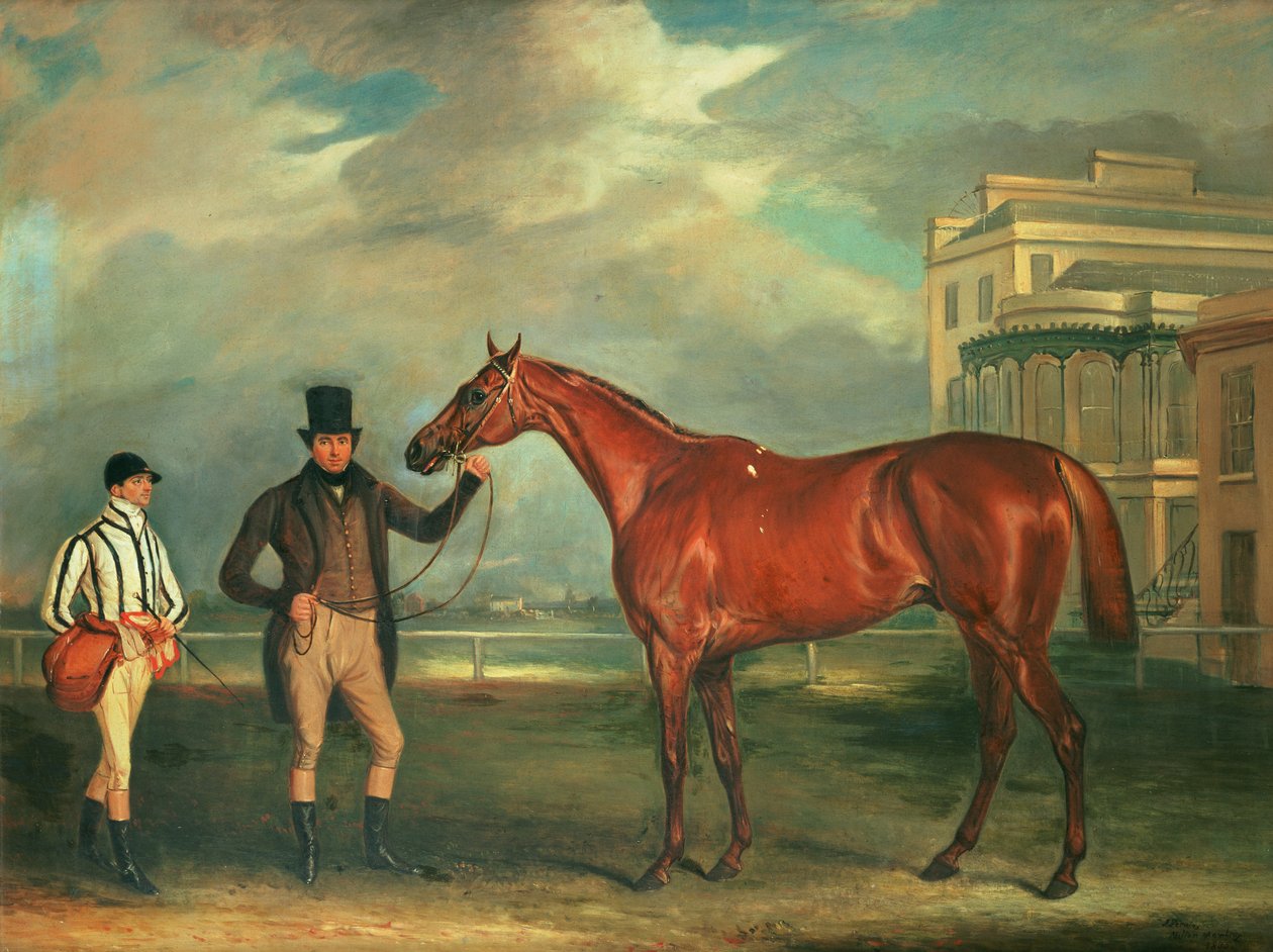 General Chasse, en fux kapplöpningshäst som hålls av sin tränare, med sin jockey J. Holmes stående på Aintree kapplöpningsbana, 1835 av John E. Ferneley