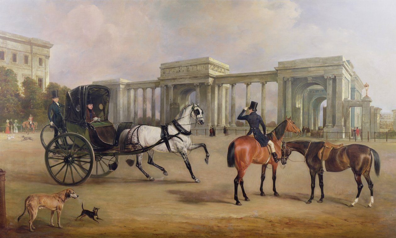 Mr. Massey Stanley med cabriolet och hacks på Hyde Park Corner, 1833 av John E. Ferneley